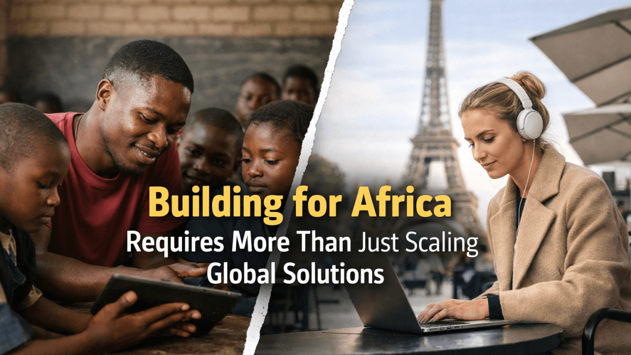 Split image: a man and children looking at a tablet in Africa, and a woman working on a laptop near the Eiffel Tower in Paris