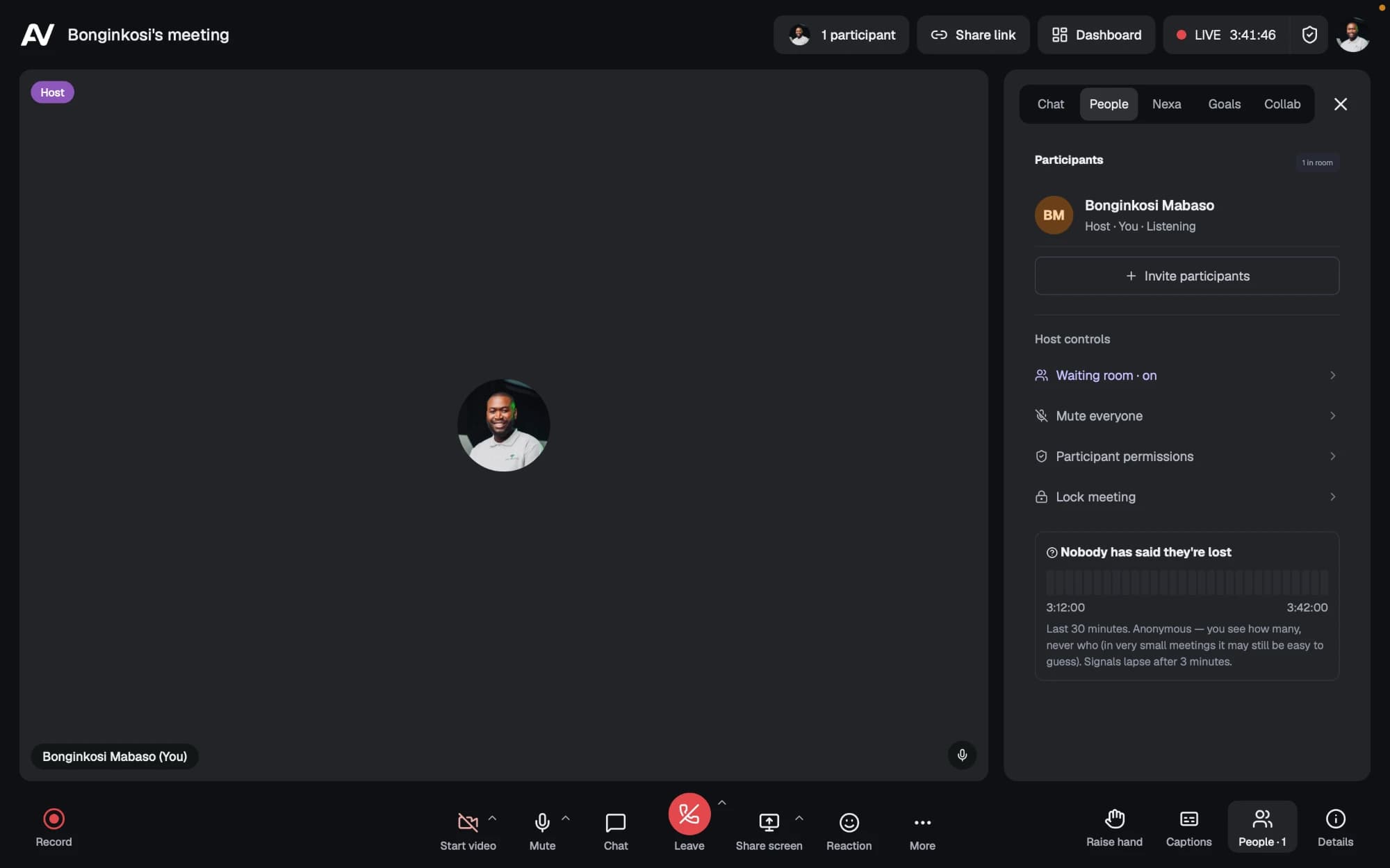 A live Room meeting, with the participant list, host controls and an anonymous engagement signal
