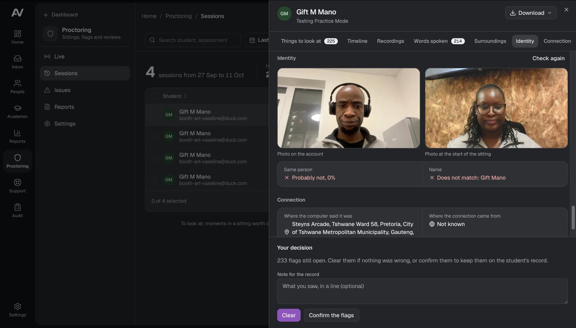 The Online Invigilator review screen, listing the moments in a sitting that need a second look
