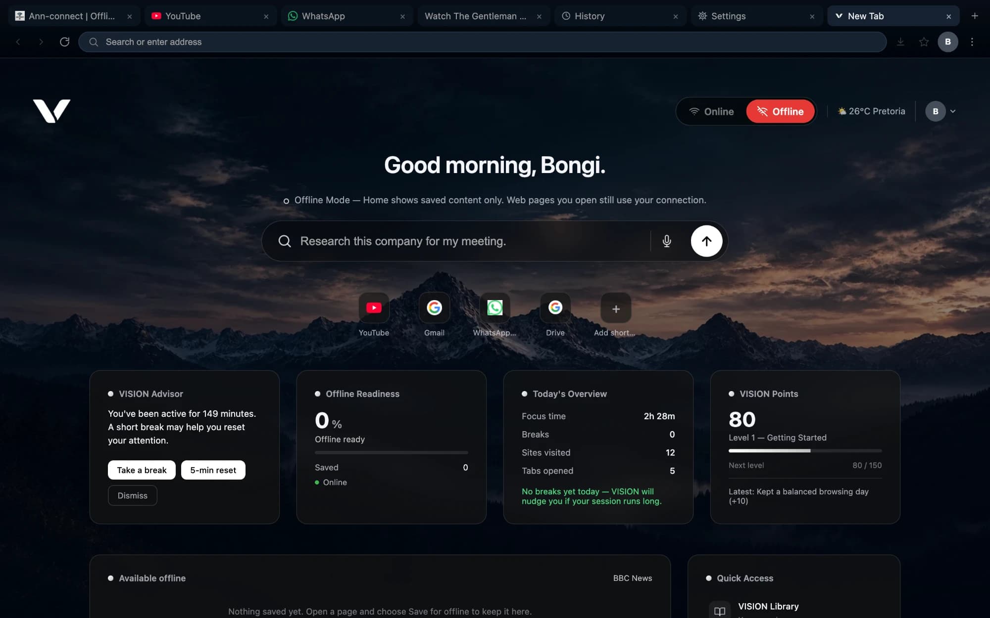The VISION browser on a laptop, showing online and offline modes, a personal assistant and saved pages